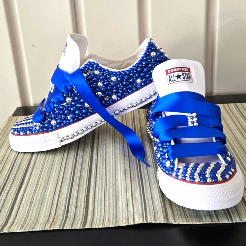 Converse All Star Blue and Silver Beaded Sneakers - Picture 1 of 10